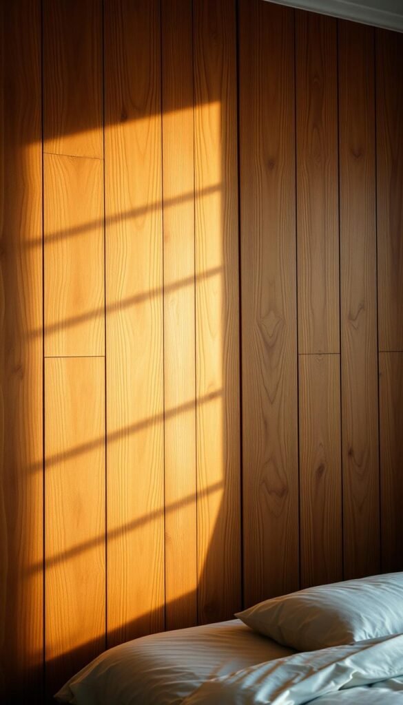 A warm, rustic wood accent wall bathed in soft, natural lighting. The grain patterns dance across the surface, radiating an inviting, cozy ambiance. The wall is the focal point, drawing the eye with its rich, earthy tones and tactile texture. Subtle shadows add depth, while the matte finish creates an organic, handcrafted aesthetic. The lighting, angled from the side, casts a gentle glow that accentuates the wood's inherent warmth and character. This captivating accent wall serves as a stunning centerpiece, elevating the modern bedroom with its harmonious blend of natural and refined elements.