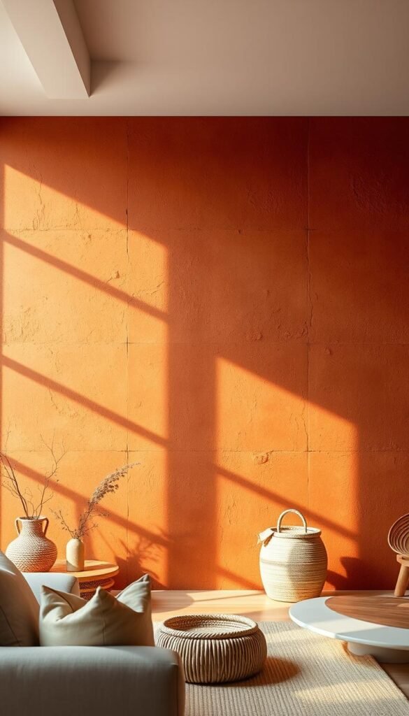 A warm, textured terracotta wall in a cozy living room setting. The wall fills the mid-ground, illuminated by soft, natural lighting that casts gentle shadows across the uneven surface. The terracotta hue is deep and inviting, ranging from rusty reds to earthy oranges, creating a striking backdrop for the living space. In the foreground, a minimal, modern decor scheme with neutral accents and natural elements, such as woven baskets or wooden furnishings, complements the terracotta tones. The overall atmosphere is one of warmth, comfort, and a touch of rustic elegance, perfectly capturing the essence of a cozy, terracotta-accented living room. A warm, textured terracotta wall in a cozy living room setting. The wall fills the mid-ground, illuminated by soft, natural lighting that casts gentle shadows across the uneven surface. The terracotta hue is deep and inviting, ranging from rusty reds to earthy oranges, creating a striking backdrop for the living space. In the foreground, a minimal, modern decor scheme with neutral accents and natural elements, such as woven baskets or wooden furnishings, complements the terracotta tones. The overall atmosphere is one of warmth, comfort, and a touch of rustic elegance, perfectly capturing the essence of a cozy, terracotta-accented living room.