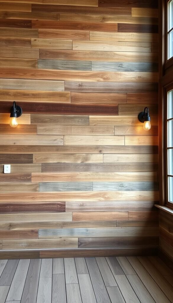 A weathered, rustic wall paneling made from reclaimed wood planks in varying shades of brown, gray, and warm honey tones. The wooden boards have a distressed, time-worn appearance with visible knots, cracks, and saw marks, creating a charming, authentic aesthetic. The paneling covers the entire wall, extending from the floor to the ceiling, radiating a sense of character and coziness. Warm, soft lighting from sconces and a large window casts gentle shadows, accentuating the natural texture and grain of the wood. An overall earthy, inviting atmosphere evokes the comfortable, lived-in feel of a countryside farmhouse or cabin.