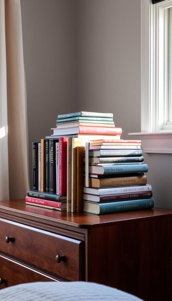 A well-curated arrangement of hardcover books in varying heights and colors sits atop a wooden dresser. The books are placed in a visually-appealing manner, some stacked, others displayed vertically to create a balanced, stylish vignette. Soft, directional lighting from a nearby window casts a warm glow, highlighting the texture and hues of the book covers. The arrangement is thoughtful and intentional, blending function and aesthetic to elevate the dresser's surface and add visual interest to the bedroom space.