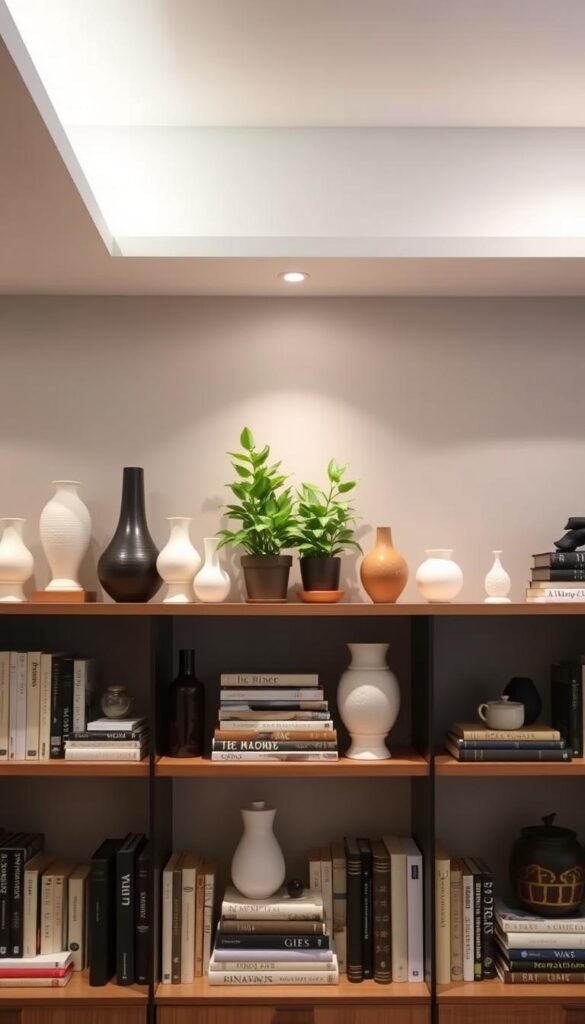A well-curated bookshelf styled with a harmonious balance of decorative elements. In the foreground, an array of artfully arranged books, vases, and sculptures create a visually appealing composition. The middle ground features a pair of potted plants, their lush foliage adding a touch of natural elegance. Overhead, soft, directional lighting casts a warm, inviting glow, accentuating the textures and colors of the decor. The background showcases a minimalist, monochromatic wall, allowing the shelf's contents to take center stage. The overall scene radiates a sense of sophistication and tranquility, embodying the essence of "The Golden Rule of Shelf Styling: Achieving Perfect Balance".