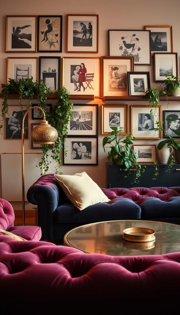 A well-curated vintage modern living room, bathed in warm, soft lighting. In the foreground, a plush, tufted sofa in a rich, jewel-toned velvet, complemented by an antique brass coffee table. Midground showcases a statement vintage floor lamp, its intricate design a harmonious blend of old and new. The background features a gallery wall of eclectic, framed art pieces, a mix of abstract paintings and black-and-white photographs. Lush, trailing plants cascade from floating shelves, adding a touch of natural, organic elegance. The overall atmosphere exudes a sense of timeless sophistication, where the 80/20 balance of vintage and modern elements creates a cozy, inviting space.