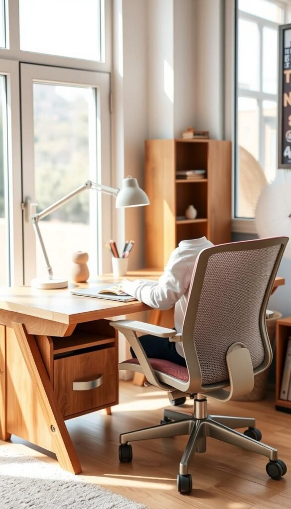 A well-designed and ergonomic desk setup for kids, with a sturdy wooden table in a warm, natural finish, surrounded by a comfortable mesh office chair in a neutral tone. The desk features a modern, minimalist design with clean lines, ample workspace, and a built-in storage compartment for school supplies. Soft, diffused lighting from a sleek desk lamp casts a gentle glow, creating a focused and inviting atmosphere. The setup is positioned in a cozy, bright room with large windows, allowing natural light to flow in and inspiring a sense of openness and productivity.