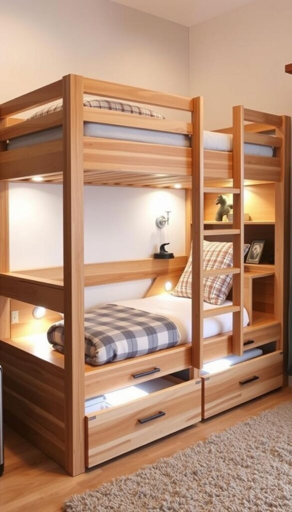 A well-designed bunk bed with integrated storage, showcasing a sturdy wooden frame in a warm, natural finish. The lower bunk features ample drawers and shelves, seamlessly integrated into the bed's structure, maximizing the available space. Soft, diffused lighting emanates from concealed fixtures, casting a cozy, inviting glow throughout the scene. The upper bunk is accessible via a compact, space-saving ladder, its minimalist design complementing the clean, modern aesthetic. Subtle decorative accents, such as wall-mounted sconces and a plush area rug, add depth and character to the overall composition. The setting exudes an atmosphere of functionality, comfort, and efficient use of limited space, perfect for a boys' room.