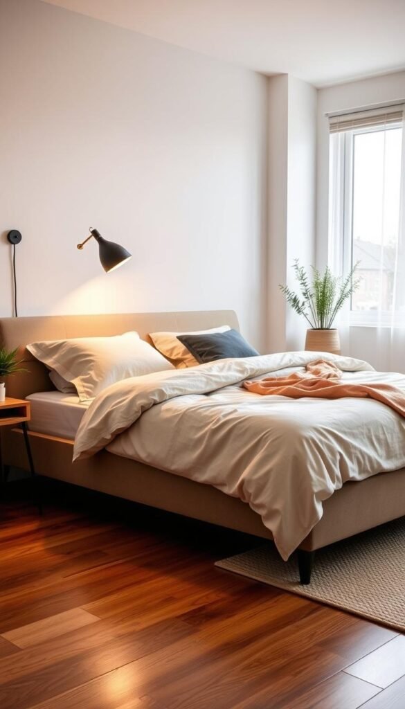 A well-designed, versatile bedroom foundation with a sturdy, low-profile platform bed frame in a neutral tone. Soft, plush bedding in calming hues creates an inviting and cozy ambiance. Warm, diffused lighting from a minimalist, adjustable sconce casts a gentle glow, while a large window allows natural light to flood the space. The polished hardwood flooring is adorned with a neutral-toned area rug, grounding the composition. This harmonious and streamlined foundation serves as a blank canvas, ready to be personalized with the teen's unique style and interests.