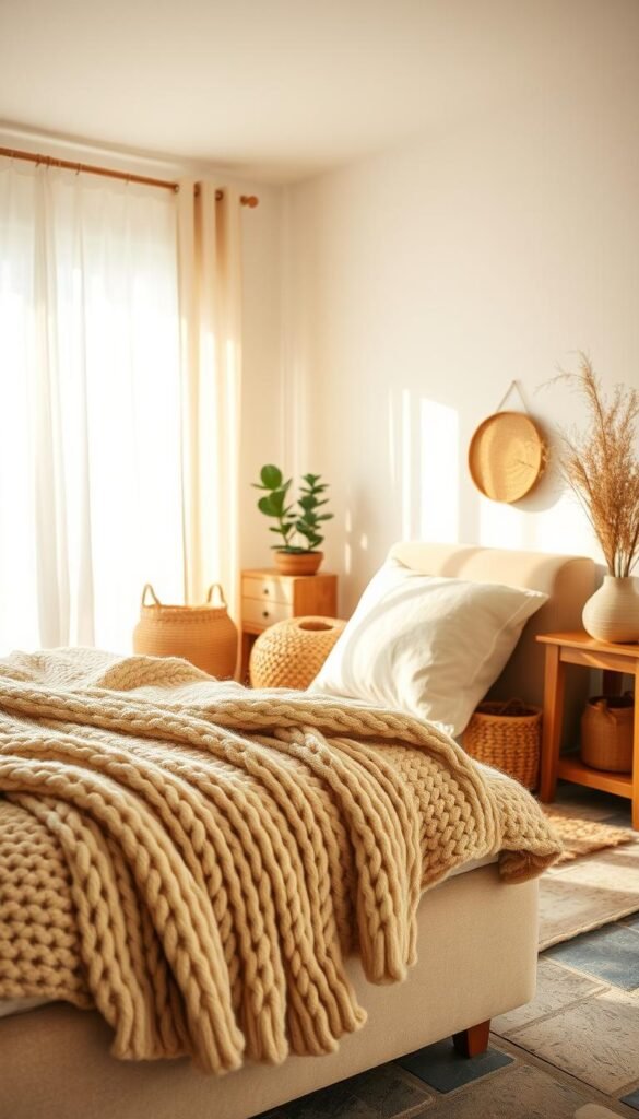 A well-lit, airy bedroom featuring a mix of natural materials that create an organic, warm atmosphere. In the foreground, a chunky knitted throw cascades over a plush, beige upholstered bed frame. Textured woven baskets and a wooden side table with a potted plant adorn the middle ground. Warm, diffused light filters in through sheer curtains, casting a soft glow over a stone-tiled floor in the background. The overall scene conveys a sense of rustic elegance and harmonious balance between natural elements.