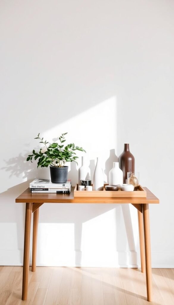 A well-lit, airy room with a neutral color palette. On a wooden table, an array of objects carefully arranged - a stack of design magazines, a potted plant, a tray displaying various decor items like vases, candles, and decorative objects. Soft, diffused lighting casts gentle shadows, creating a sense of depth and atmosphere. The table is positioned against a plain, white wall, allowing the styling items to take center stage. The overall scene conveys a sense of thoughtful preparation, with each element placed to create a harmonious and visually appealing composition, ready to inspire and guide the viewer's shelf decor journey.