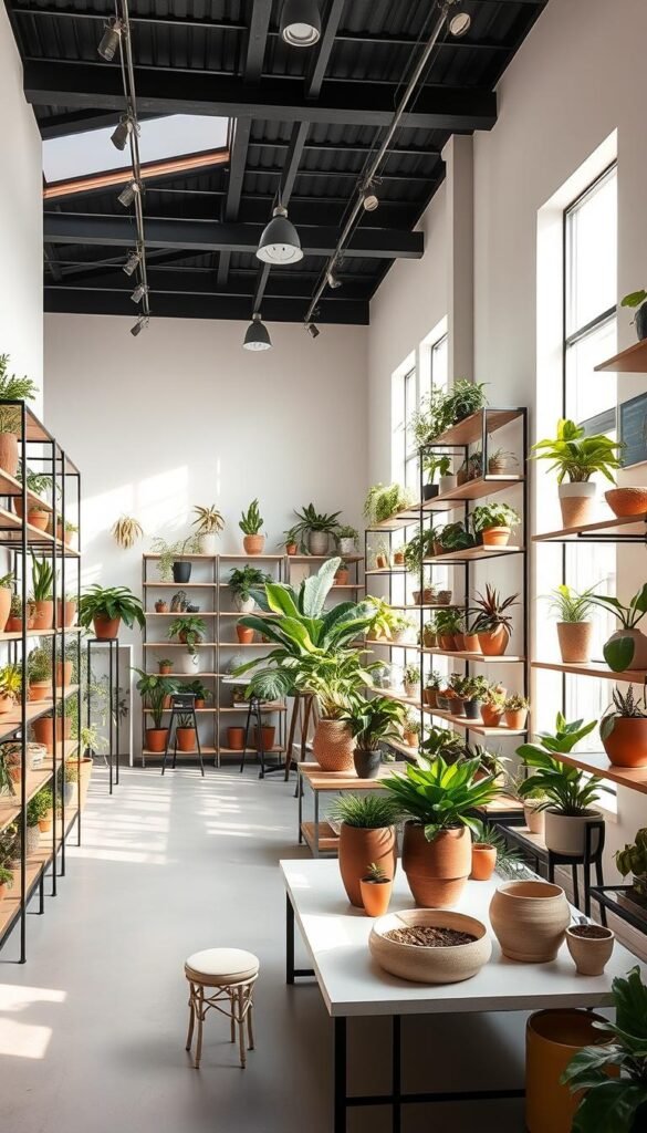 A well-lit, airy showroom featuring an array of modern plant shelves and planters. Sleek, minimalist metal and wood shelves line the walls, offering ample display space for thriving greenery. Terracotta, ceramic, and geometric planters in earthy hues dot the shelves, their intricate textures and forms catching the soft, natural light streaming in through large windows. Midcentury-inspired plant stands and hanging baskets add visual interest to the space, while a central display table showcases the latest designer planter designs. The atmosphere is serene and inspiring, inviting visitors to envision how these beautiful products could elevate their own living spaces. A well-lit, airy showroom featuring an array of modern plant shelves and planters. Sleek, minimalist metal and wood shelves line the walls, offering ample display space for thriving greenery. Terracotta, ceramic, and geometric planters in earthy hues dot the shelves, their intricate textures and forms catching the soft, natural light streaming in through large windows. Midcentury-inspired plant stands and hanging baskets add visual interest to the space, while a central display table showcases the latest designer planter designs. The atmosphere is serene and inspiring, inviting visitors to envision how these beautiful products could elevate their own living spaces.