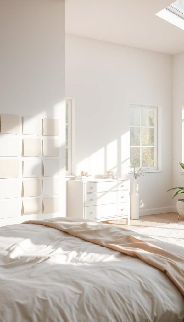 A well-lit bedroom setting showcasing a selection of white paint samples and modern furniture pieces. Sunlight streams in through large windows, casting a warm, natural glow. In the foreground, various paint swatches are displayed on a clean white wall, offering a range of subtle white hues. Positioned in the middle ground, a minimalist white dresser and nightstand create a cohesive, serene atmosphere. Soft, muted textures and clean lines define the bedroom furniture, complementing the purity of the white palette. The background features a plush white area rug and hints of greenery, further enhancing the tranquil, rejuvenating ambiance.