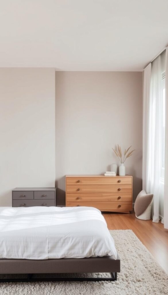 A well-lit bedroom with a serene and harmonious color palette. The foreground features a modern bed with crisp white bedding, complemented by a pair of nightstands in a muted gray tone. The middle ground showcases a minimalist dresser in a warm, natural wood, and a large window with sheer curtains that filter the soft, natural light. The background depicts a tranquil, neutral-toned accent wall, creating a sense of balance and sophistication. Subtle pops of color, such as a plush rug or a throw pillow, add depth and visual interest to the space. The overall atmosphere is calming, inviting, and reflective of intentional, strategic color choices for an impactful interior design.