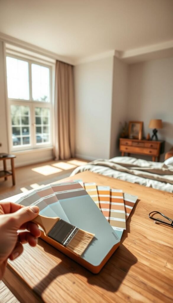 A well-lit bedroom with warm, natural lighting streaming through large windows. On a wooden table, several paint color swatches are carefully arranged, creating a harmonious palette. The walls are a blank canvas, awaiting the perfect hue to be chosen. In the foreground, a hand holds a paint brush, poised to test the colors, while the rest of the room is slightly out of focus, emphasizing the decision-making process. The atmosphere is one of contemplation and creativity, capturing the essence of "How to Test and Choose Your Perfect Trending Color Schemes for Modern Bedrooms".