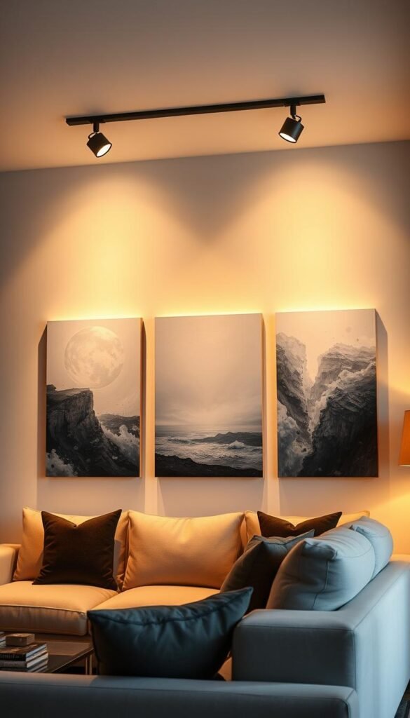 A well-lit canvas wall art display in a chic modern living room. The canvas paintings are illuminated from above with warm, focused lighting, casting a soft, dramatic glow on the artwork. The lighting fixtures are sleek, minimalist spotlights that blend seamlessly with the room's decor. The walls are a neutral, light-reflecting tone, allowing the artwork to take center stage. The overall atmosphere is one of refined elegance, with the lighting enhancing the depth, texture, and colors of the canvas pieces.