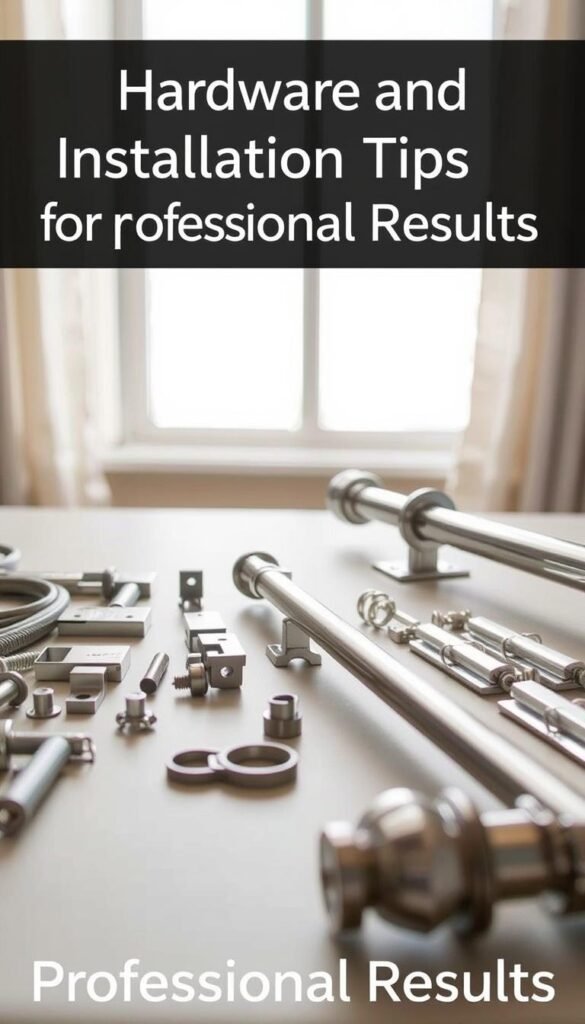 A well-lit, close-up image of window hardware installation tools and materials, including curtain rods, brackets, drapery rings, and other essential components. The foreground features an assortment of these items arranged neatly on a light-colored surface, with soft shadows and highlights suggesting a professional, instructional setting. The middle ground showcases a partially installed curtain rod, demonstrating proper alignment and mounting techniques. The background is blurred, maintaining focus on the hardware and installation process. The overall mood is informative, practical, and visually appealing, reflecting the "Hardware and Installation Tips for Professional Results" section of the article.