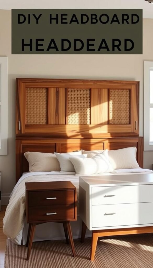 A well-lit, cozy bedroom setting showcasing a striking DIY headboard as the focal point. The headboard features a rustic wood frame with an intricate woven pattern or decorative panels, creating a warm, handcrafted aesthetic. In the foreground, a pair of mid-century modern nightstands and a minimalist dresser complement the headboard, all bathed in soft, natural lighting from large windows. The background gently fades into a tranquil, neutral-toned wall, allowing the custom furniture to take center stage. The overall scene conveys a sense of relaxed sophistication and personal style, inspiring viewers to embark on their own DIY headboard and furniture projects.