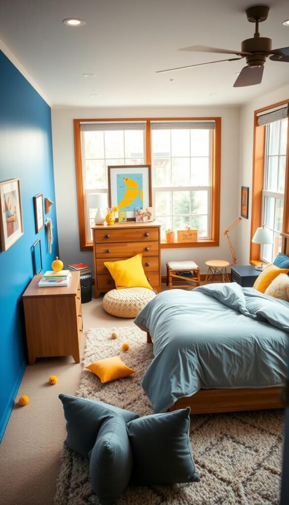 A well-lit, cozy boys' bedroom with thoughtful color choices. In the foreground, a vibrant blue accent wall contrasts with warm wood tones of the dresser and nightstand. Soft gray bedding and plush area rug create a calming, inviting atmosphere. Scattered throughout the middle ground, pops of yellow and orange in the artwork, throw pillows, and décor add pops of energy. The background features large windows allowing natural light to flood the space, casting a soothing glow. The overall palette is harmonious and budget-friendly, showcasing how smart color selections can transform a room without breaking the bank.