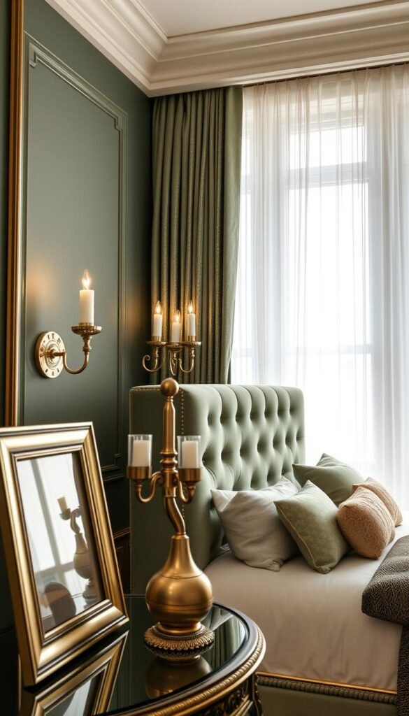 A well-lit, elegantly appointed sage green bedroom with tasteful metallic accents. The foreground features a sleek metallic picture frame, candlesticks, and a sculptural vase on an ornate side table. The middle ground showcases a plush, tufted sage green velvet headboard complemented by metallic sconces casting a warm glow. In the background, a large window floods the space with natural light, highlighting the subtle metallic threads woven into delicate curtain panels. The overall mood is one of refined sophistication and tranquility.