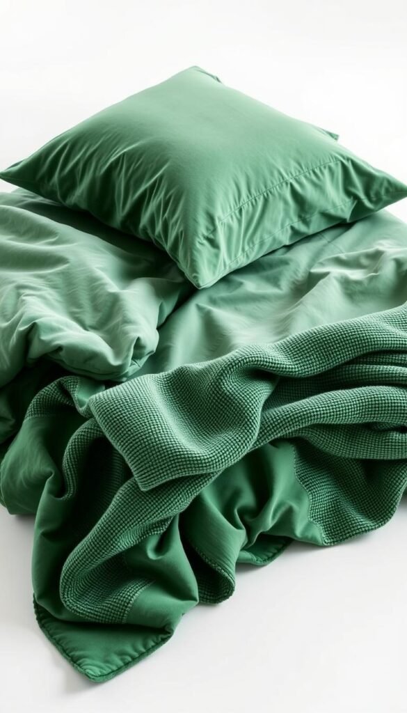 A well-lit, high-resolution close-up photograph of an assortment of green bedding textiles, including a plush velvet duvet cover, a crisp percale sheet set, and a cozy chenille throw blanket. The fabrics are arranged neatly on a clean, white background, showcasing their distinct textures, patterns, and shades of green. The lighting is soft and even, accentuating the natural beauty and luxurious feel of the bedding. The camera angle is slightly elevated, providing a visually appealing and informative perspective for the viewer.