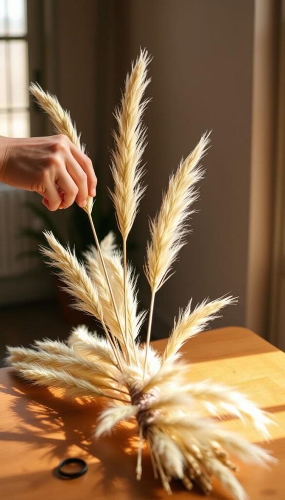 A well-lit indoor scene featuring a person's hands carefully selecting several pampas grass stalks from a neatly arranged bundle on a wooden surface. The stalks are backlit, showcasing their soft, feathery texture and natural hues. The background is slightly blurred, creating a sense of focus on the delicate selection process. Warm, diffused lighting from the side casts gentle shadows, emphasizing the contours of the grass. The overall mood is one of calm, mindful consideration, reflecting the "Essential Tips for Choosing and Caring for Your Pampas Grass" section of the article.