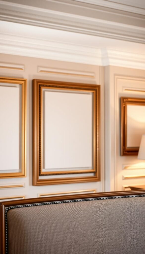 A well-lit interior with a focus on the elegant wall paneling. The foreground features a series of ornate picture frame moldings, creating a sophisticated and visually striking display. The moldings have a warm, wooden finish that complements the neutral-toned walls. The middle ground showcases the paneling, with a subtle texture and pattern that adds depth and character to the space. The background is softly blurred, allowing the architectural details to take center stage. The overall atmosphere is one of refined, classic elegance, perfectly suited to highlight the bedroom's distinctive features.