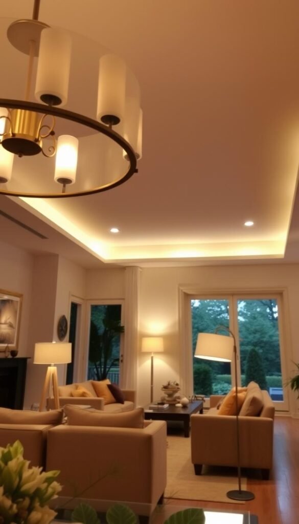 A well-lit living room with a mix of ambient, task, and accent lighting. In the foreground, a modern chandelier casts a warm, diffused glow across the space. In the middle ground, two sleek floor lamps flank a cozy seating arrangement, providing focused illumination. The background features recessed ceiling lights that highlight architectural details and create a sense of depth. Large windows allow natural light to filter in, complementing the artificial sources. The overall atmosphere is inviting, cozy, and versatile, suitable for various activities and moods.