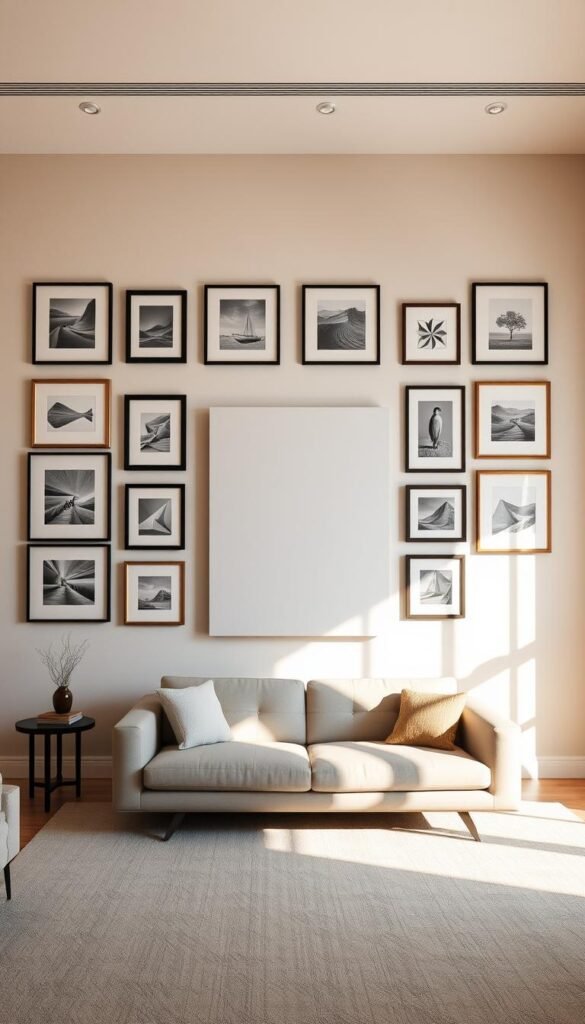 A well-lit living room with a tasteful arrangement of canvas wall art. In the foreground, a gallery wall of various framed pieces, expertly spaced and aligned, creating a cohesive visual display. The middle ground features a large, statement-making canvas centered above a sleek, modern sofa, bathed in warm, natural lighting from nearby windows. The background showcases neutral-toned walls, complementing the artwork and furnishings, conveying a sense of elegant sophistication and artistic flair.