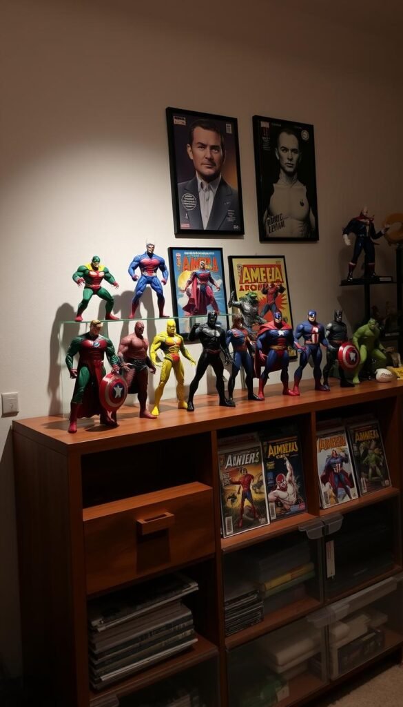 A well-lit, meticulously arranged display of superhero collectibles sits atop a sturdy, wooden shelving unit. In the foreground, an array of highly-detailed action figures, each posed dynamically, captures the essence of iconic heroes and villains. The middle ground features vintage comic books, their vibrant covers visible through protective cases, while a selection of memorabilia, such as limited-edition posters and figurines, occupies the background. The lighting, soft and directional, casts gentle shadows that accentuate the three-dimensional nature of the display, creating a sense of depth and drama. The overall atmosphere is one of reverence and enthusiasm for the superhero genre, inviting the viewer to immerse themselves in this expertly curated collection.