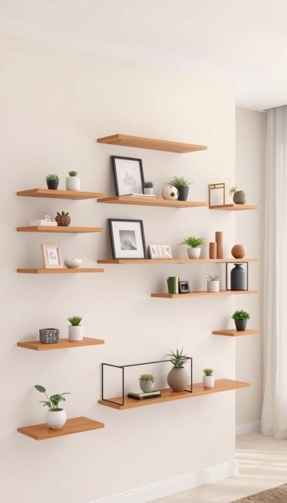 A well-lit, minimalist room with a neutral color palette. In the foreground, a variety of sleek, floating wall shelves in different sizes and shapes are artfully arranged, showcasing various decor items and small plants. The shelves are made of high-quality wood or metal, with clean lines and a modern aesthetic. The middle ground features a neutral-toned accent wall, providing a simple, uncluttered backdrop that allows the shelves to take center stage. The background is slightly blurred, hinting at a serene, airy atmosphere, perhaps with a window or natural lighting source. The overall mood is one of thoughtful curation, where every element on the shelves is carefully selected to create a harmonious, visually appealing display.