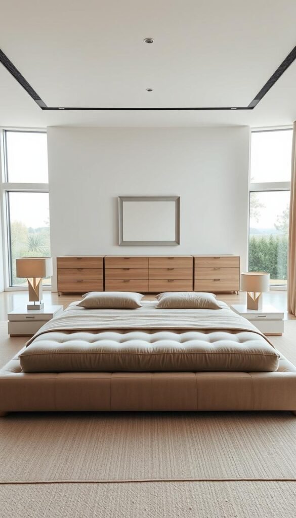 A well-lit modern bedroom with a neutral color palette and clean lines. In the foreground, a low-profile platform bed with a plush, tufted headboard. Flanking the bed, a pair of minimalist nightstands with sleek, angular lamps casting a warm glow. In the middle ground, a spacious dresser with clean-lined drawers and a large, framed mirror above. In the background, floor-to-ceiling windows provide ample natural light and views of a serene outdoor scene. The overall atmosphere is one of understated elegance and functionality, creating a harmonious and tranquil living space.