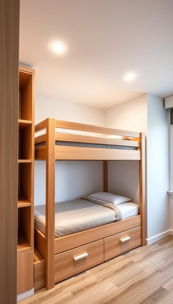 A well-lit, modern built-in bunk bed set with hidden storage compartments underneath. The bunks are constructed with clean, minimalist lines and warm, natural wood tones. The lower bunk has discreet drawers integrated into the frame, providing ample concealed storage space. Soft, diffused lighting from recessed ceiling fixtures casts a cozy, inviting glow. The overall atmosphere is one of functional simplicity and thoughtful design, perfectly suited for a shared bedroom or cozy sleepover setup.