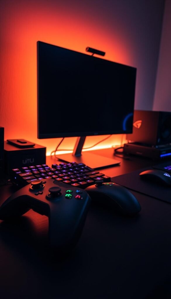 A well-lit, modern gaming setup with a large, high-resolution display taking center stage. On the desk, a sleek gaming keyboard and mouse sit alongside a pair of premium gaming controllers, their smooth curves and vibrant colors adding a touch of style. The setup is accentuated by the warm glow of strategically placed RGB lighting, casting a soft, atmospheric ambiance over the scene. The overall composition conveys a sense of technological sophistication and a dedicated passion for immersive gaming experiences.