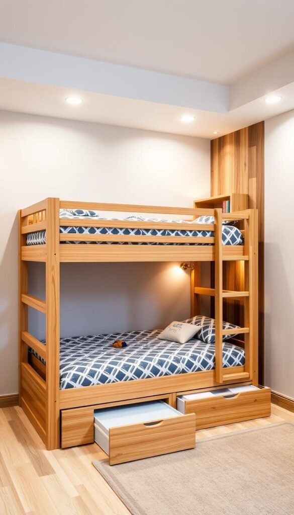 A well-lit, spacious bedroom with a sturdy wooden bunk bed as the focal point. The lower bunk features built-in storage drawers and shelves, maximizing the vertical space. Geometric patterns adorn the bedding, creating a playful, modern aesthetic. The upper bunk has a cozy reading nook with a small lamp and a bookshelf, encouraging imaginative play. Soft, diffused lighting from overhead fixtures illuminates the room, casting a warm, inviting glow. The background showcases a neutral-toned wall with wooden accents, complementing the natural tones of the bunkbed. The overall composition emphasizes the efficient use of space, highlighting the bunk bed's versatility as a storage and sleeping solution.