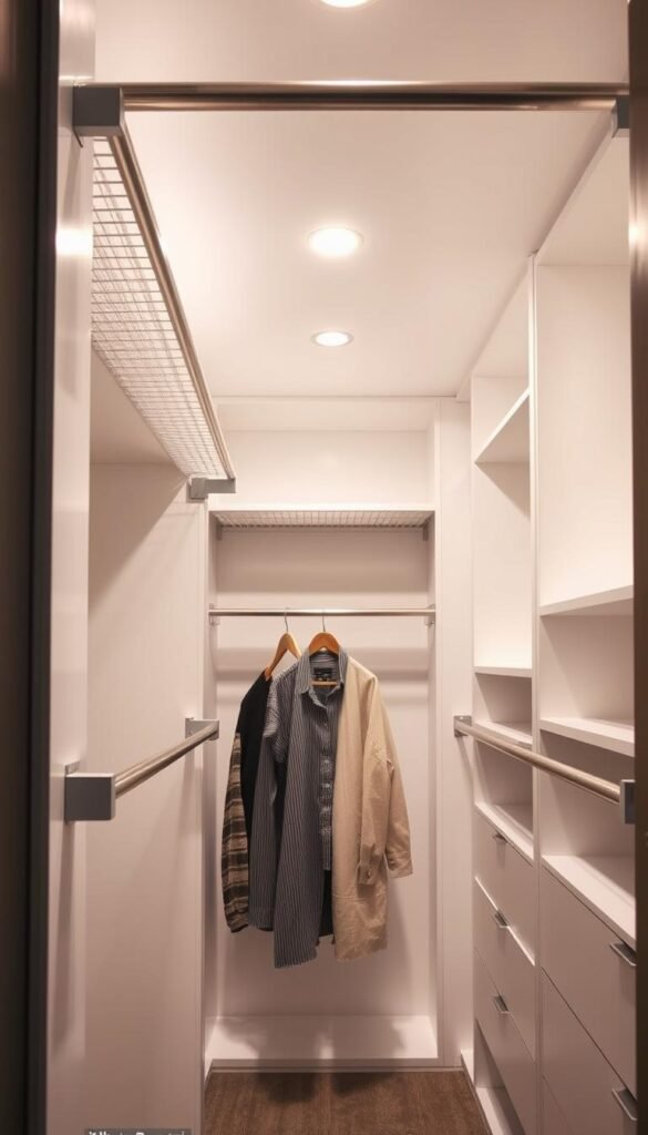 A well-lit, spacious closet interior with a sleek, minimalist design. In the foreground, a sturdy metal double rod system dominates the frame, with parallel rods positioned at different heights to maximize vertical storage capacity. The rods are mounted securely into the white walls, creating a clean, organized appearance. In the middle ground, a few carefully selected garments hang from the rods, showcasing their efficient use of space. The background features additional shelving and storage compartments, all in a cohesive, monochromatic color palette that emphasizes the organizational theme. Soft, diffused lighting from above casts a warm, inviting glow throughout the scene, highlighting the attention to detail and functionality of this innovative closet design.