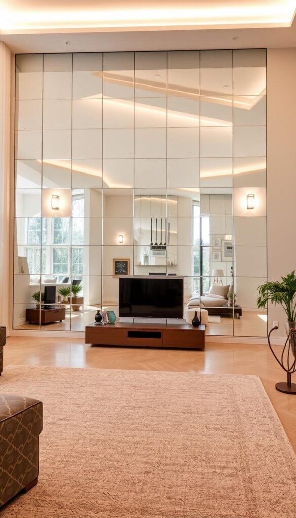 A well-lit, spacious living room with a focal wall showcasing an array of mirrored surfaces. The mirrors, arranged in a visually striking pattern, reflect the natural light streaming in through large windows, creating a mesmerizing play of illumination. Strategically placed lighting fixtures, both recessed and wall-mounted, cast a warm, inviting glow, enhancing the reflective qualities of the mirrors and adding depth to the space. The overall effect is a harmonious balance of light and reflection, resulting in a visually captivating and functional wall solution that visually expands the room.