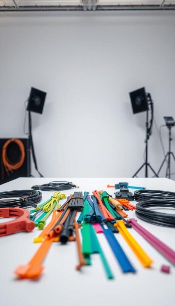 A well-lit studio setting with a table in the foreground showcasing a variety of cable management tools and materials. In the middle ground, various colored cables, cable ties, and wire organizers are neatly arranged. In the background, a clean white wall provides a minimalist backdrop. The lighting is soft and diffused, creating a professional, organized atmosphere. The camera angle is positioned slightly above the table, capturing the tools and materials from an elevated perspective to emphasize their importance and utility. The overall composition conveys a sense of efficiency, precision, and attention to detail - essential elements for a successful cable management project.