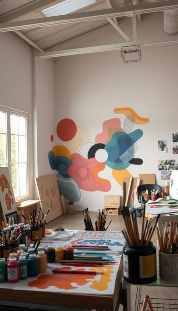 A well-lit studio space, with natural lighting filtering through large windows. In the foreground, an artist's workbench showcases an array of vibrant acrylic paints, brushes, and stencils. In the middle ground, the walls are adorned with a captivating DIY mural, featuring abstract geometric shapes and fluid patterns in a harmonious color palette. The mural extends across the walls, creating a sense of depth and dynamism. In the background, a carefully curated collection of art supplies, sketchbooks, and creative inspiration props completes the scene, evoking a sense of artistic exploration and experimentation. The overall atmosphere is one of creativity, innovation, and the joy of DIY self-expression.
