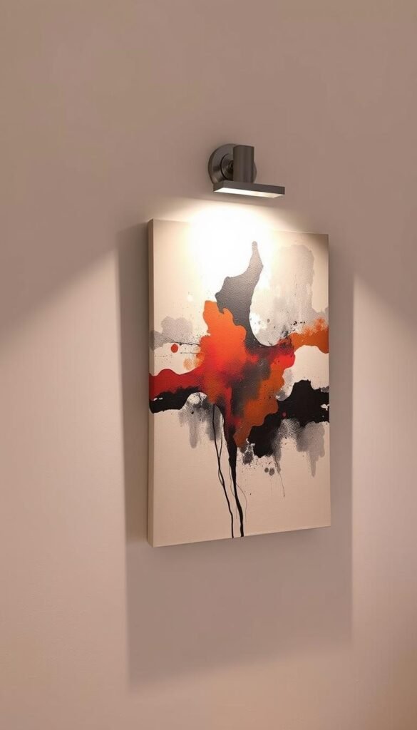 A well-lit wall art display with a sleek, modern picture light illuminating a striking abstract canvas. The lighting fixture casts a warm, focused glow, accentuating the depth and texture of the artwork. The backdrop is a minimalist, off-white wall, allowing the artwork to be the focal point. The overall scene exudes a sense of sophistication and ambiance, perfectly complementing the "Lend Some Perfect Lighting" section of the "Modern Wall Decor Ideas That Instantly Upgrade Your Space" article. A well-lit wall art display with a sleek, modern picture light illuminating a striking abstract canvas. The lighting fixture casts a warm, focused glow, accentuating the depth and texture of the artwork. The backdrop is a minimalist, off-white wall, allowing the artwork to be the focal point. The overall scene exudes a sense of sophistication and ambiance, perfectly complementing the "Lend Some Perfect Lighting" section of the "Modern Wall Decor Ideas That Instantly Upgrade Your Space" article.