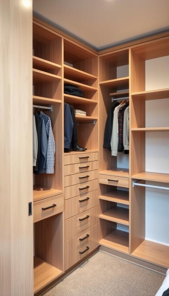 A well-organized and efficient closet system, featuring a variety of storage options. In the foreground, sleek and adjustable shelving units in a neutral wood tone, allowing for customizable organization. In the middle ground, a combination of hanging rods, drawers, and cubbies, facilitating the storage of various garments and accessories. The background showcases a minimalist color palette, with soft lighting highlighting the clean, streamlined design. The overall atmosphere conveys a sense of order, simplicity, and functionality, perfectly suited for maximizing the space in a boy's bedroom closet.