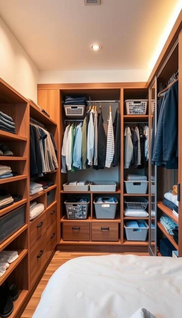 A well-organized bedroom closet with smart storage solutions. Wooden shelves and drawers in the foreground hold neatly folded clothes, socks, and accessories. In the middle ground, a hanging rod system with sliding baskets and organizers for shirts, pants, and jackets. The background features a built-in wardrobe with sliding doors, providing ample space for bulkier items. Warm, indirect lighting casts a cozy glow, accentuating the clean, minimalist design. The overall scene conveys a sense of order, efficiency, and a thoughtful approach to managing a boy's clothing and personal items.