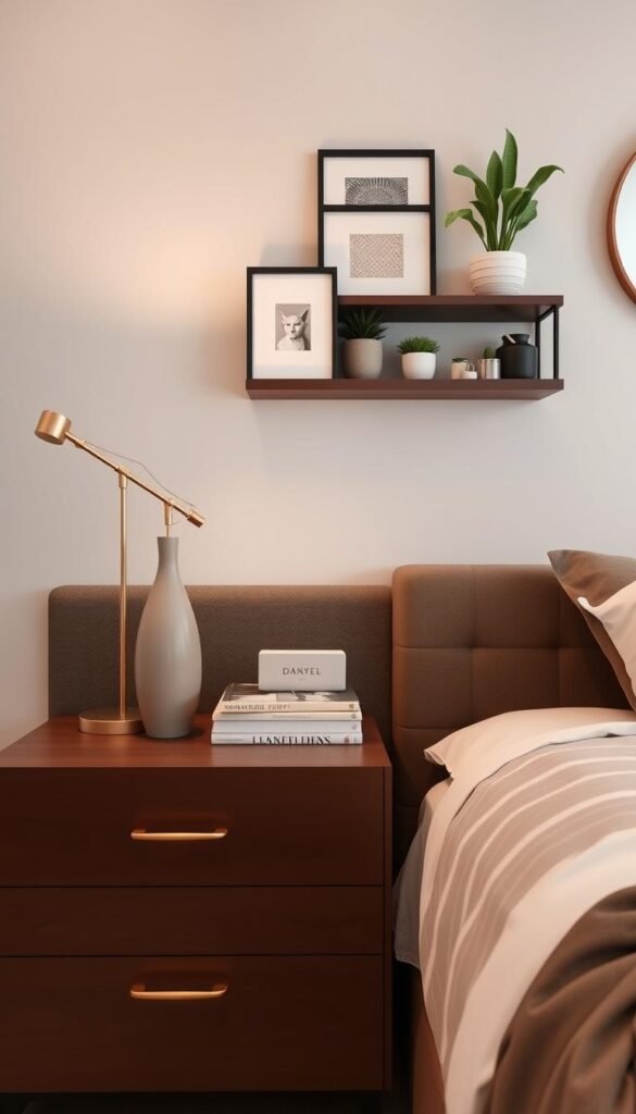 A well-organized bedroom surface with meticulously arranged decor elements. In the foreground, a sleek bedside table showcases a minimalist table lamp, a decorative vase, and a neatly stacked pile of books. The middle ground features a modern floating shelf displaying potted plants, framed artwork, and small trinkets. The background shows a neutral-toned wall with a stylish wall hanging or mirror, creating a harmonious and visually appealing space. The lighting is soft and warm, creating a cozy and inviting atmosphere. The overall composition emphasizes thoughtful surface management, balancing functionality and aesthetic appeal.