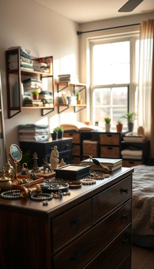 A well-organized bedroom with various storage solutions on display. In the foreground, a wooden dresser with carefully arranged trinkets, jewelry, and other decorative items. In the middle ground, wall-mounted shelves displaying neatly folded clothes, books, and small potted plants. The background features a large window, allowing natural light to flood the space and create a warm, inviting atmosphere. The lighting is soft and diffused, highlighting the textures and colors of the room's furnishings. The entire scene conveys a sense of intentionality and attention to detail, reflecting the deliberate organization of the space.