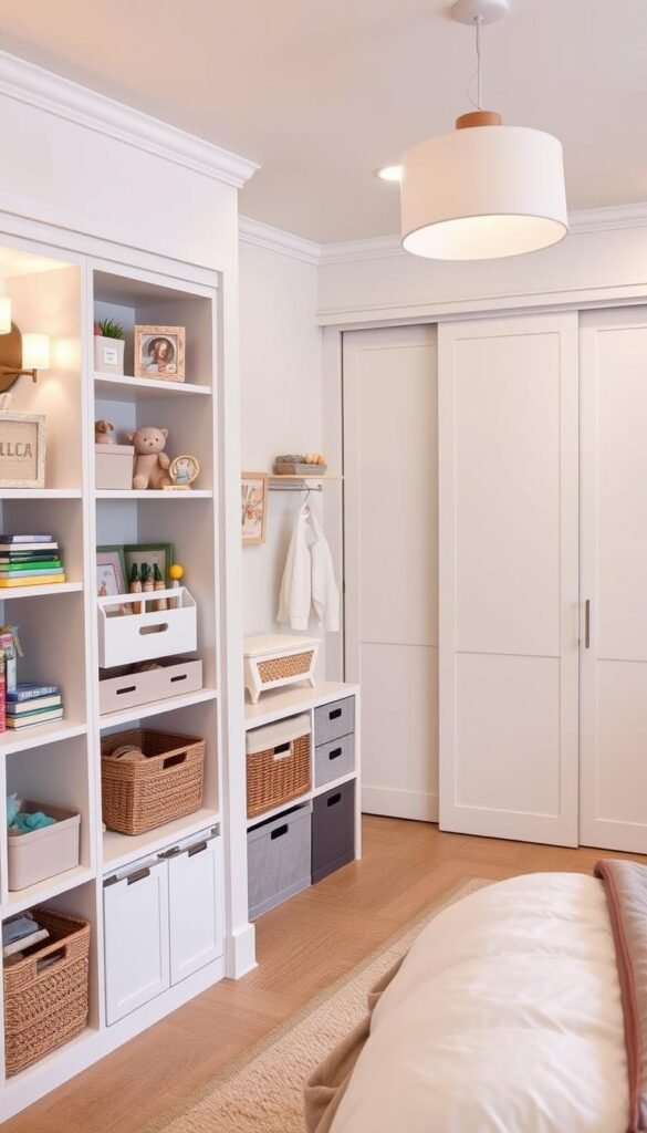 A well-organized children's bedroom with thoughtful storage solutions. In the foreground, built-in shelves and cubbies hold neatly arranged toys, books, and decorative accents. The middle ground showcases a combination of open and closed storage - stylish bins, baskets, and cabinets in a soothing color palette. In the background, a large closet with sliding doors provides ample hanging space and additional hidden storage. Soft, diffused lighting from a combination of wall sconces and a modern pendant fixture creates a cozy, inviting atmosphere. The overall aesthetic blends function and style, making the most of the available space while keeping the room clutter-free and visually appealing.