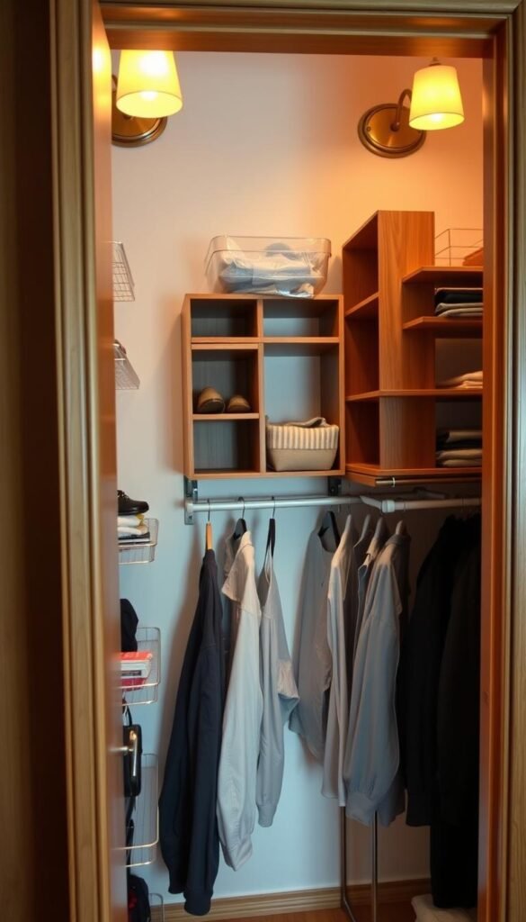 A well-organized closet with a series of shelves, cubbies, and hanging racks attached to the inside of the closet door. The storage units are made of a combination of wood, metal, and clear plastic, allowing for easy visibility and access to the contents. Warm, indirect lighting from sconces mounted above illuminates the space, creating a cozy and functional atmosphere. The overall design emphasizes maximizing vertical space and keeping frequently used items within easy reach. The composition highlights the practical and aesthetic potential of utilizing the often-overlooked closet door for storage solutions.