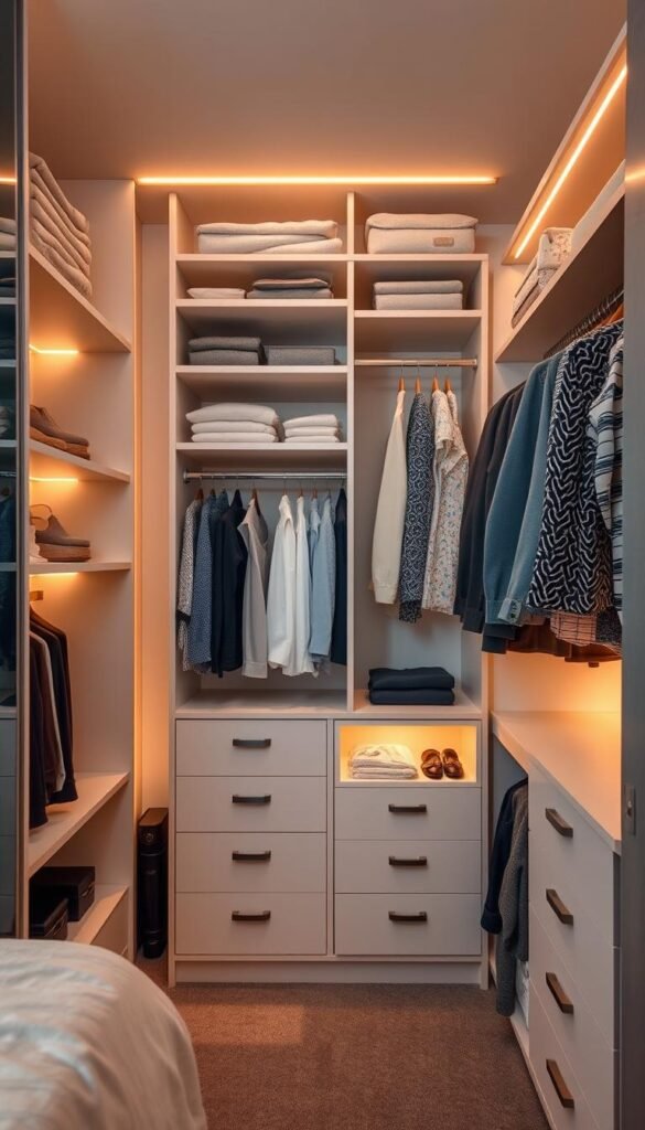 A well-organized closet with a variety of modular storage systems, including shelves, drawers, and hanging rods. Soft, warm lighting illuminates the neatly arranged items, creating a serene and inviting atmosphere. The layout is designed to maximize space and efficiency, with easy-to-access compartments for clothing, accessories, and other bedroom essentials. The overall effect is a harmonious, clutter-free space that enhances the aesthetic appeal of the bedroom.