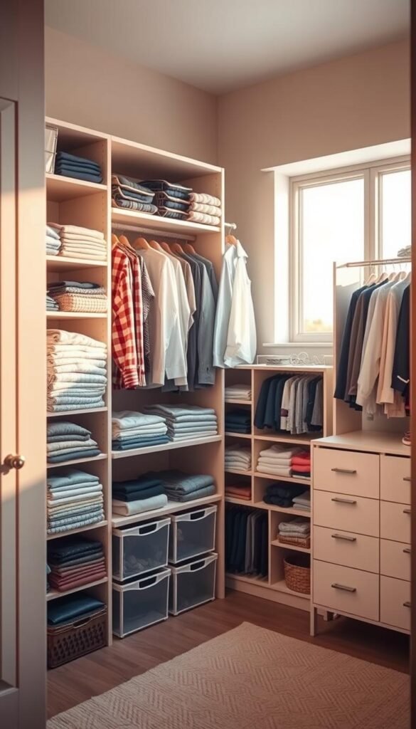 A well-organized closet with creative storage solutions for different clothing types. In the foreground, various organizers and shelves showcase neatly folded shirts, pants, and accessories. In the middle ground, a combination of hanging rods, cubbies, and drawers provide ample space for organizing by category. The background features a neutral, minimalist wall color, allowing the storage solutions to take center stage. Warm, natural lighting from a large window casts a soft glow, creating a serene and organized atmosphere. The overall composition emphasizes efficient use of space and a visually pleasing, clutter-free closet design.