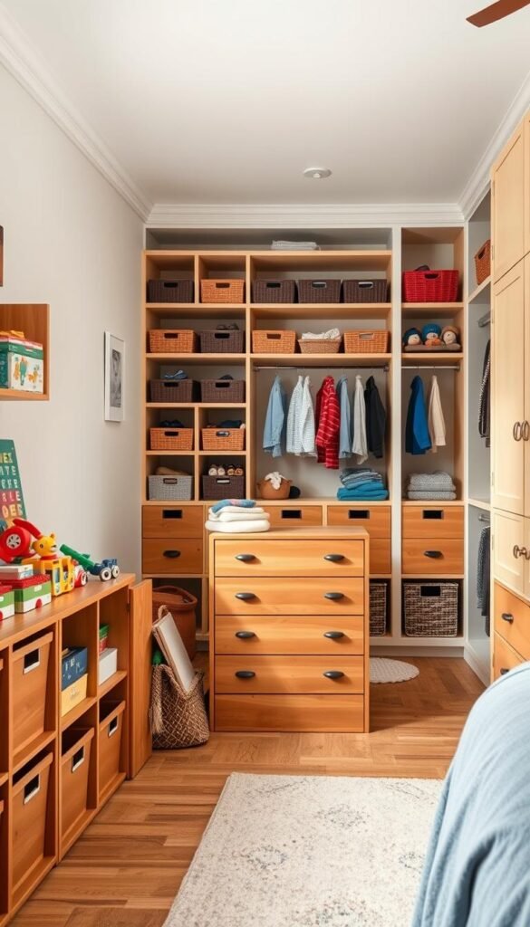 A well-organized kid's bedroom with a variety of storage solutions. The foreground features neatly arranged toy bins, shelves, and cubbies in warm wood tones. In the middle ground, a large dresser with labeled drawers and a bookshelf filled with books and baskets. The background showcases a cozy window nook with built-in storage benches and a hanging rod for clothes. The lighting is soft and natural, creating a calming, inviting atmosphere. The overall scene conveys a sense of order, efficiency, and attention to detail, highlighting the importance of organization in a boy's personal space.