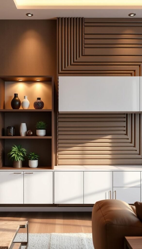 A well-organized living room wall featuring functional and stylish storage solutions. In the foreground, a minimalist shelving unit displays decorative objects and plants, casting gentle shadows. In the middle ground, a floating wall cabinet with clean lines provides ample hidden storage. The background showcases a geometric wall panel system, its linear patterns adding depth and visual interest. Warm, diffused lighting illuminates the scene, creating a cozy and inviting atmosphere. The overall design balances function and aesthetics, seamlessly integrated into the living space.