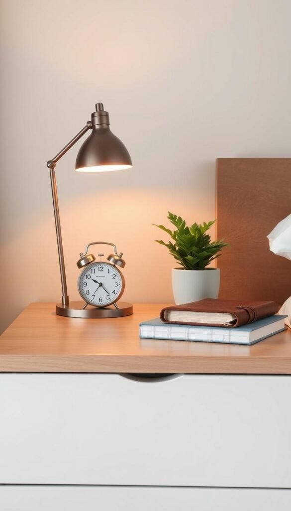 A well-organized nightstand with a minimalist aesthetic. In the foreground, an elegant table lamp casts a warm glow, illuminating a neatly arranged array of essentials: a sleek alarm clock, a small potted plant, and a leather-bound journal. The middle ground features a single drawer, its front panel seamlessly integrated into the nightstand's clean-lined design. In the background, the nightstand is set against a soothing, neutral-toned wall, creating a serene and calming atmosphere perfect for a restful bedroom retreat.