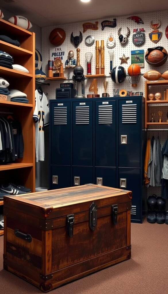 A well-organized sports storage space with ample shelving, cubbies, and hooks to neatly display jerseys, trophies, and equipment. Soft lighting illuminates the setup, casting a warm glow on the meticulously arranged items. In the foreground, a vintage wooden equipment trunk serves as a centerpiece, its weathered surface complementing the modern storage solutions. The middle ground features sleek metal lockers in a navy blue hue, providing ample space for storing cleats, helmets, and other gear. In the background, a pegboard system showcases an assortment of sports memorabilia, creating a visually striking and functional display. The overall composition conveys a sense of order, pride, and a passion for the game.