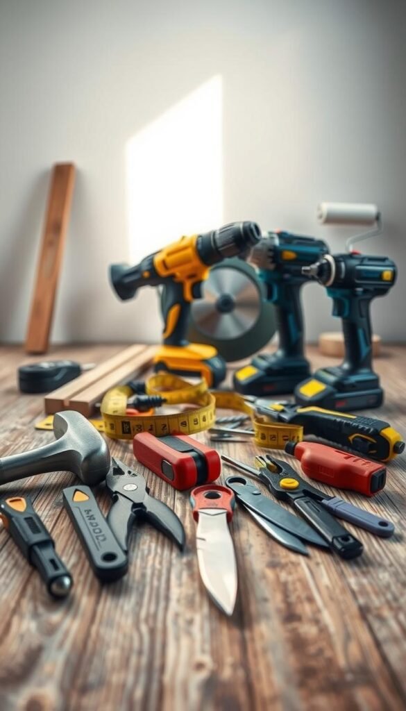 A well-organized still life arrangement showcasing the essential DIY toolkit for a beginner's bedroom decor project. In the foreground, arrange a selection of hand tools including a hammer, screwdriver set, pliers, a tape measure, and a utility knife, all placed on a textured wooden surface. In the middle ground, include a cordless power drill, a wood saw, and a paint roller, conveying the key power tools needed. In the background, have a neutral-colored wall with natural lighting gently illuminating the scene, creating a warm, inviting atmosphere. The overall composition should feel cohesive, practical, and inspire a sense of confidence in the DIY process.