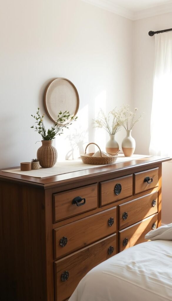 A wooden dresser stands in a cozy, sun-dappled bedroom. The top is adorned with a natural linen runner, a small potted plant, and a few decorative objects like a woven basket and a ceramic vase filled with wildflowers. The dresser's drawers are accentuated by intricate carved detailing. Soft, even lighting from a window creates a warm, inviting atmosphere, casting gentle shadows and highlights across the scene. The overall aesthetic is one of understated elegance, blending natural and rustic elements to create a harmonious, visually appealing display.